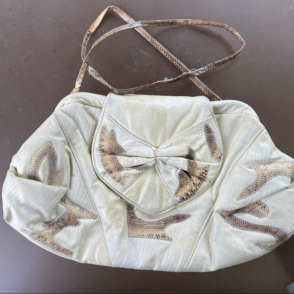 Vintage Snake Leather Shoulder Bag Purse Patchwork Snap Close Cream 80s
